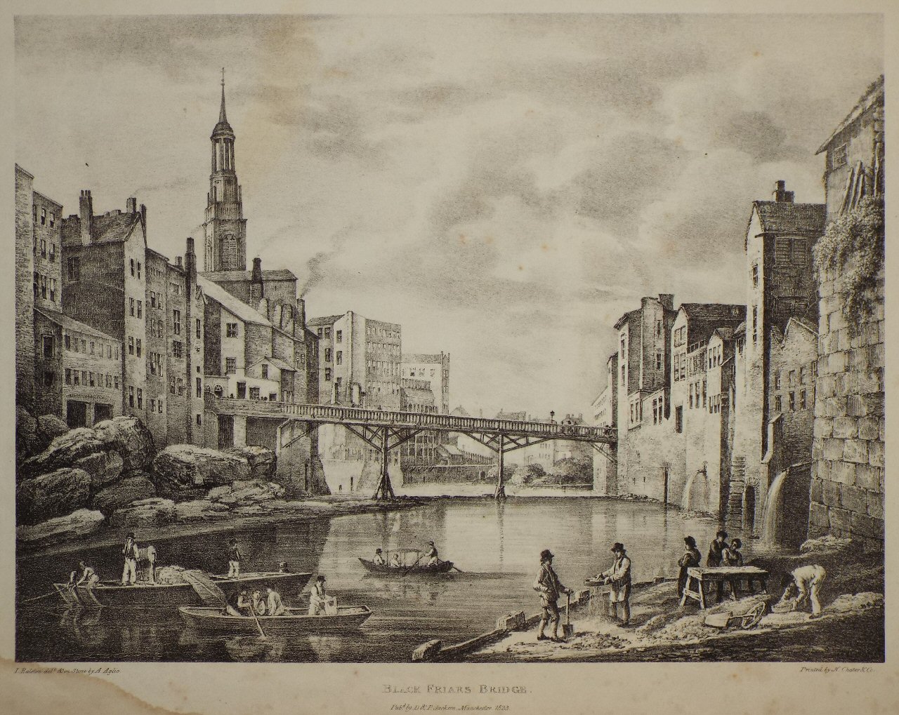 Lithograph - Black Friars Bridge, Manchester - Aglio